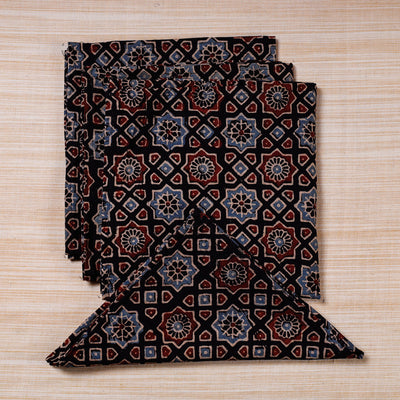 Black - Set of 4 Ajrakh Hand Block Print Cotton Table Napkin - (17 x 17 in)