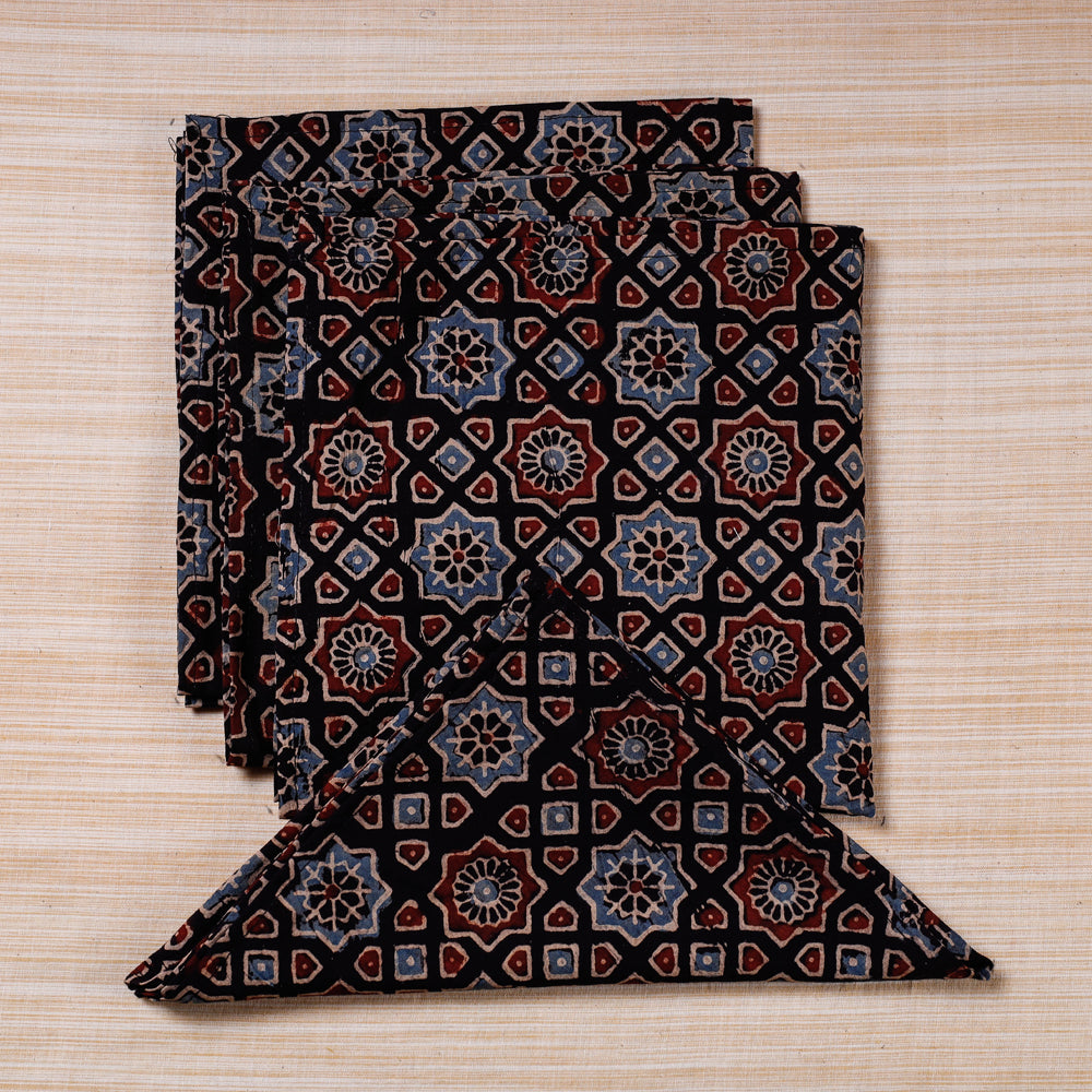 Black - Set of 4 Ajrakh Hand Block Print Cotton Table Napkin - (17 x 17 in)