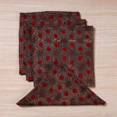 Brown - Set of 4 Ajrakh Hand Block Print Cotton Table Napkin - (17 x 17 in)