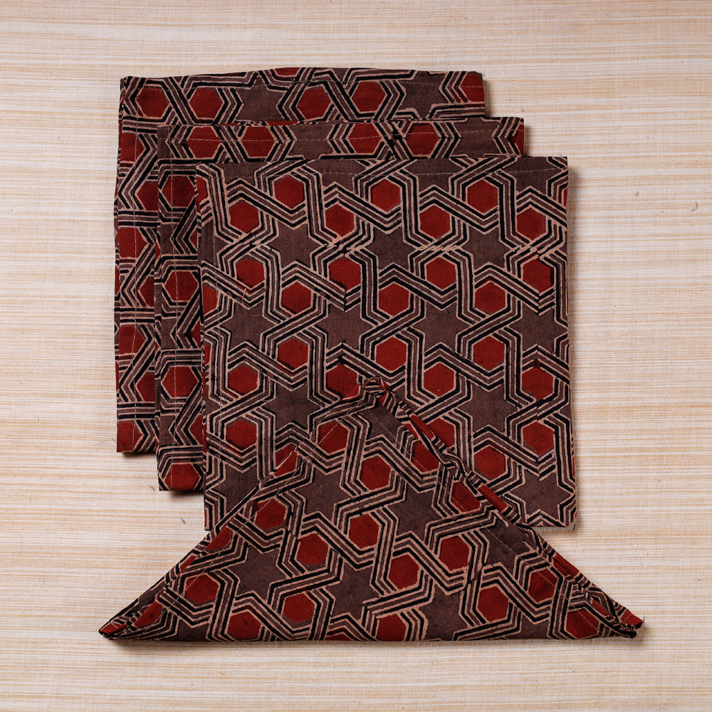 Brown - Set of 4 Ajrakh Hand Block Print Cotton Table Napkin - (17 x 17 in)