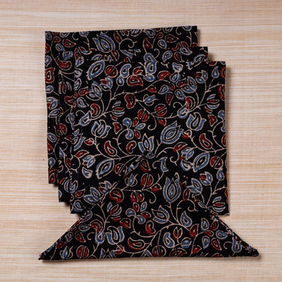 Black - Set of 4 Ajrakh Hand Block Print Cotton Table Napkin - (17 x 17 in)