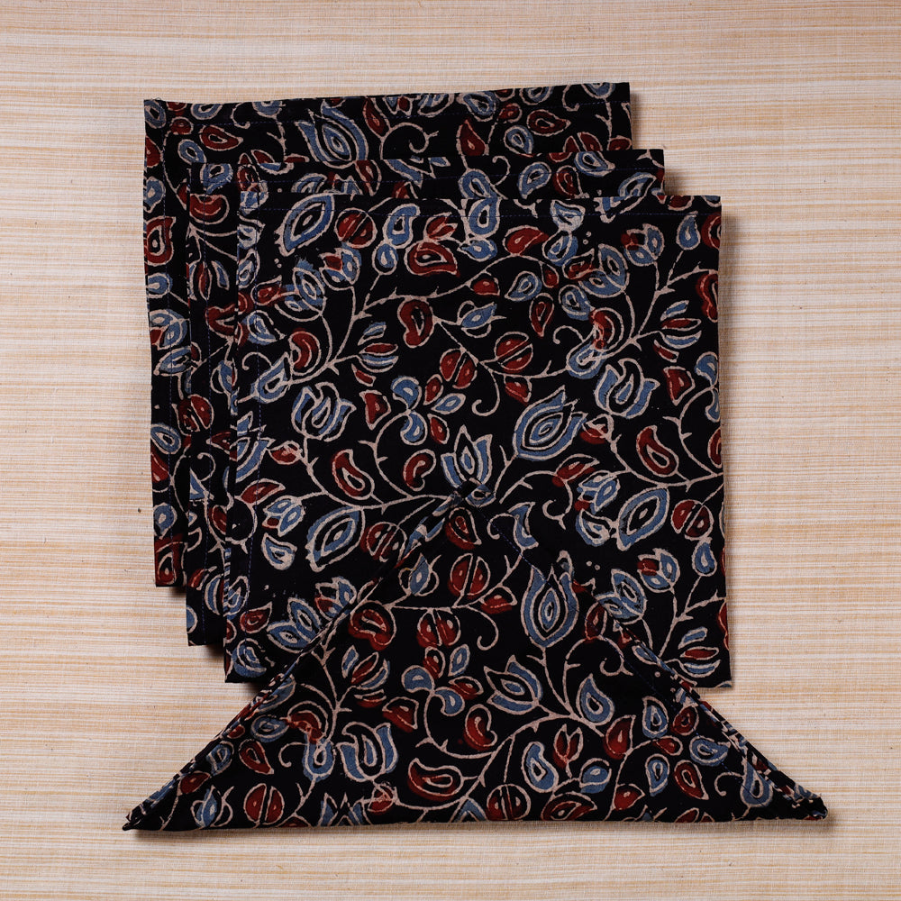 Black - Set of 4 Ajrakh Hand Block Print Cotton Table Napkin - (17 x 17 in)