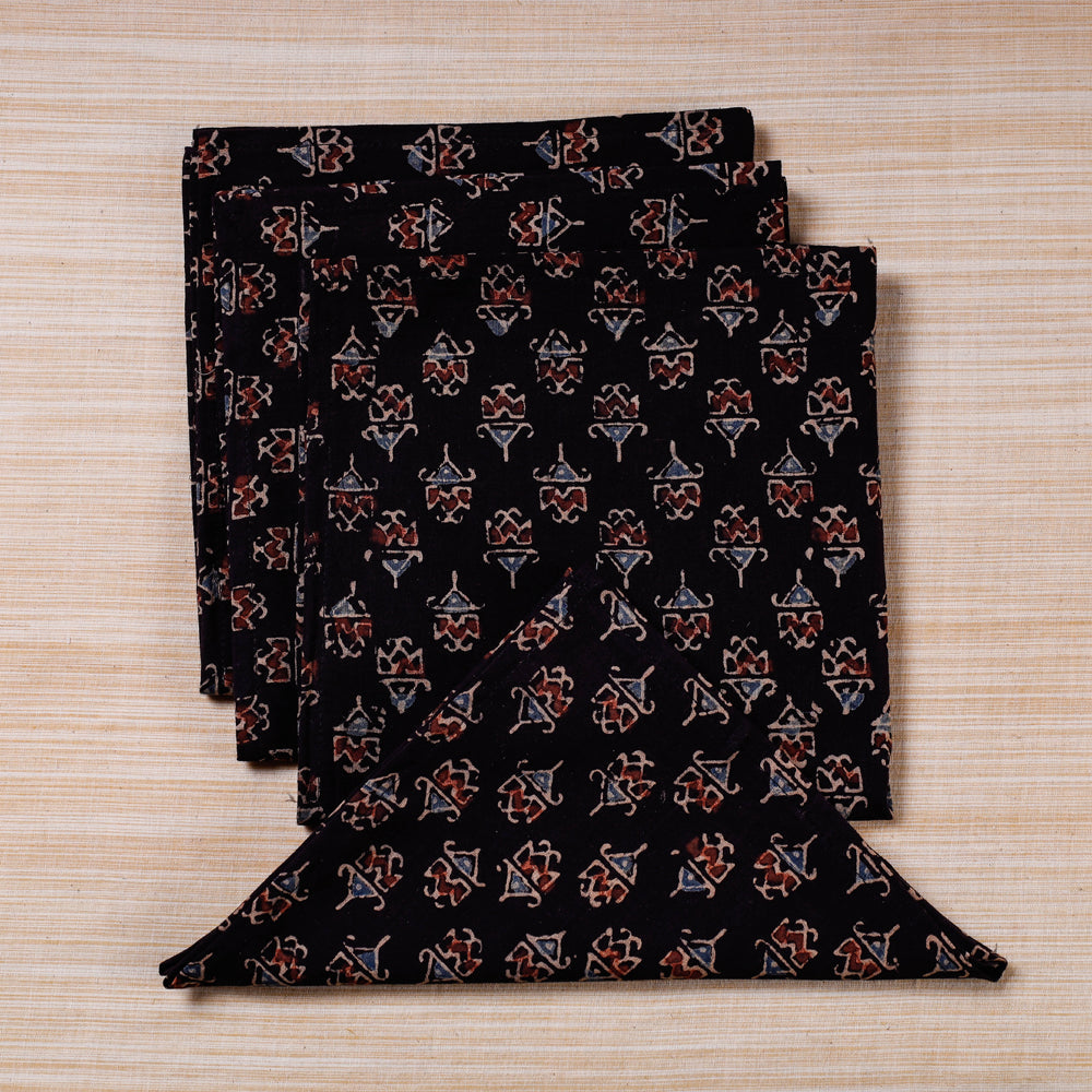 Black - Set of 4 Ajrakh Hand Block Print Cotton Table Napkin - (17 x 17 in)
