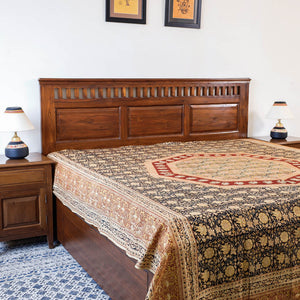 Black - Pedana Kalamkari Block Printed Natural Dyed Cotton Double Bedcover (110 x 90 in)