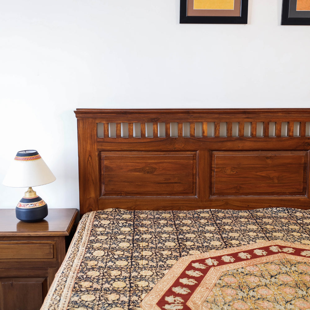 Black - Pedana Kalamkari Block Printed Natural Dyed Cotton Double Bedcover (110 x 90 in)