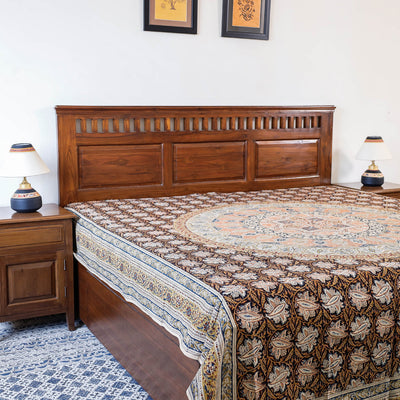 Black - Pedana Kalamkari Block Printed Natural Dyed Cotton Double Bedcover (110 x 90 in)