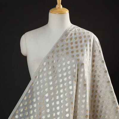 Beige - Pure Banarasi Handwoven Cutwork Zari Buti Silk Cotton Fabric