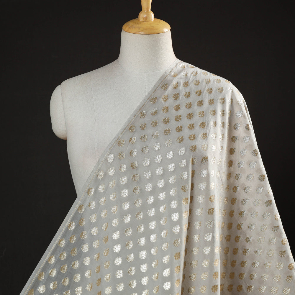 Beige - Pure Banarasi Handwoven Cutwork Zari Buti Silk Cotton Fabric