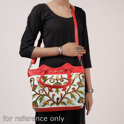 Brown - Original Crewel Hand Embroidered Hand Bag with Leather Handle