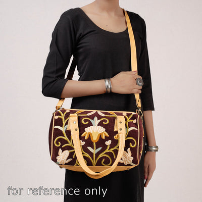 Brown - Original Crewel Hand Embroidered Hand Bag with Leather Handle