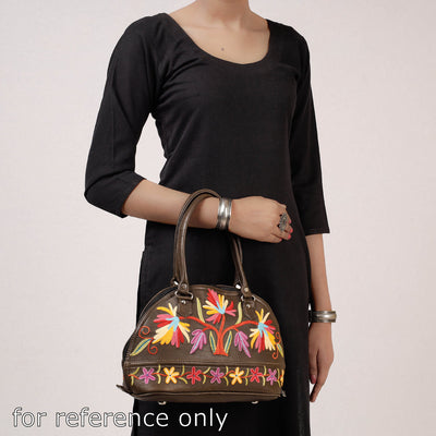 Brown - Original Crewel Hand Embroidered Leather Hand Bag