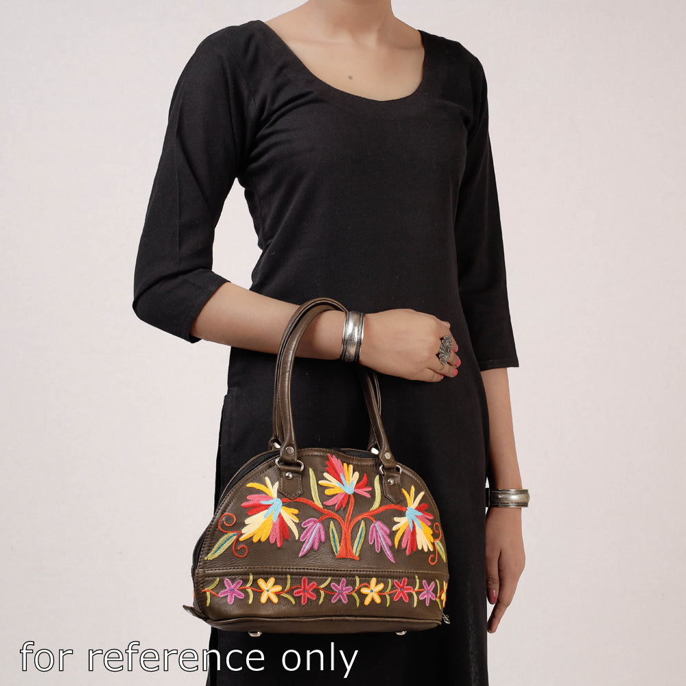 Brown - Original Crewel Hand Embroidered Leather Hand Bag