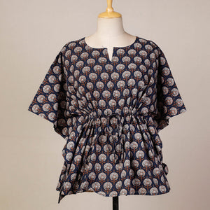 Black - Hand Block Printed Cotton Kaftan with Tie-Up Waist (Short)