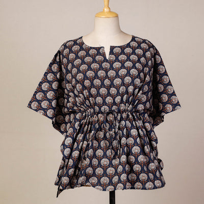 Black - Hand Block Printed Cotton Kaftan with Tie-Up Waist (Short)
