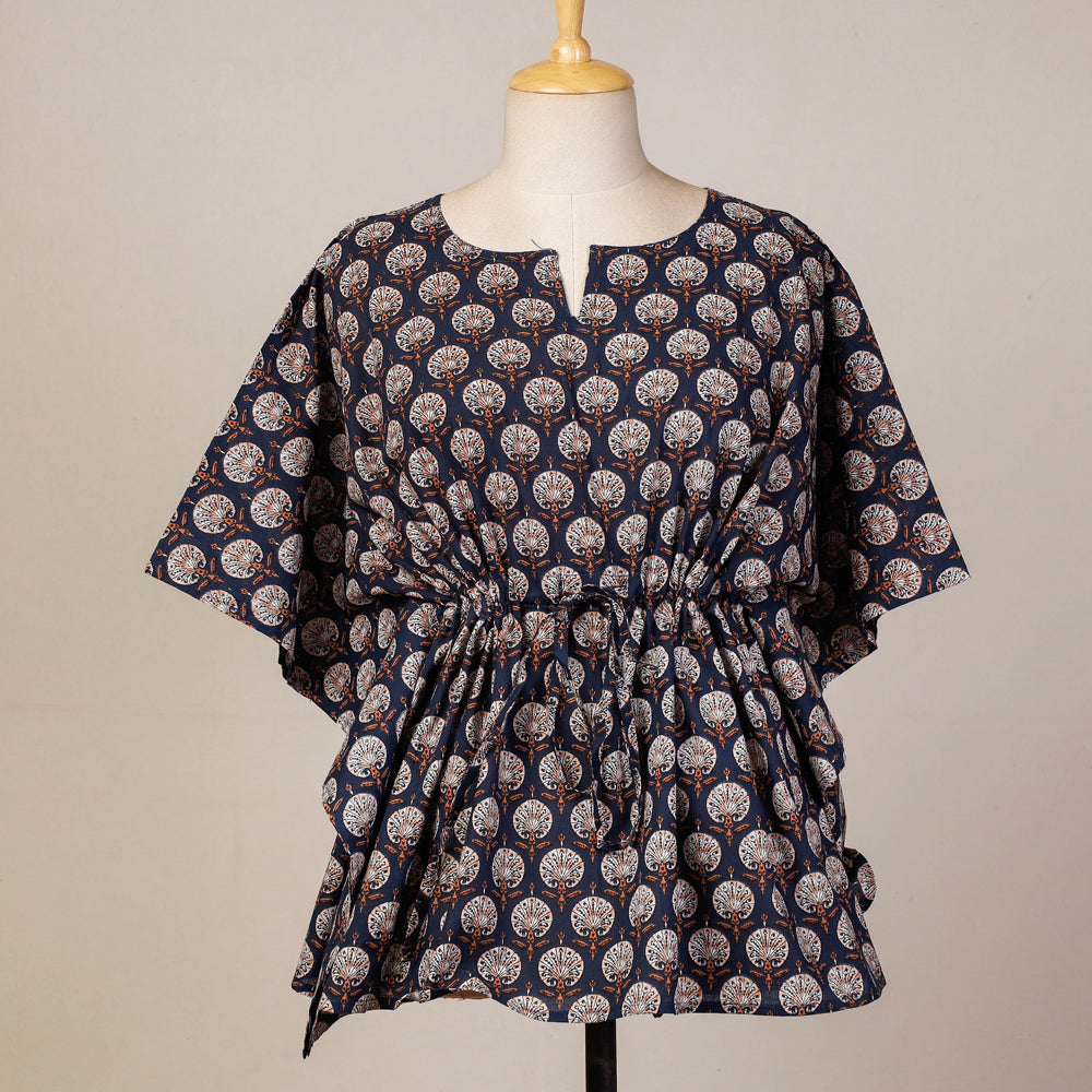 Black - Hand Block Printed Cotton Kaftan with Tie-Up Waist (Short)