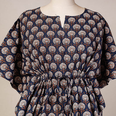 Black - Hand Block Printed Cotton Kaftan with Tie-Up Waist (Short)