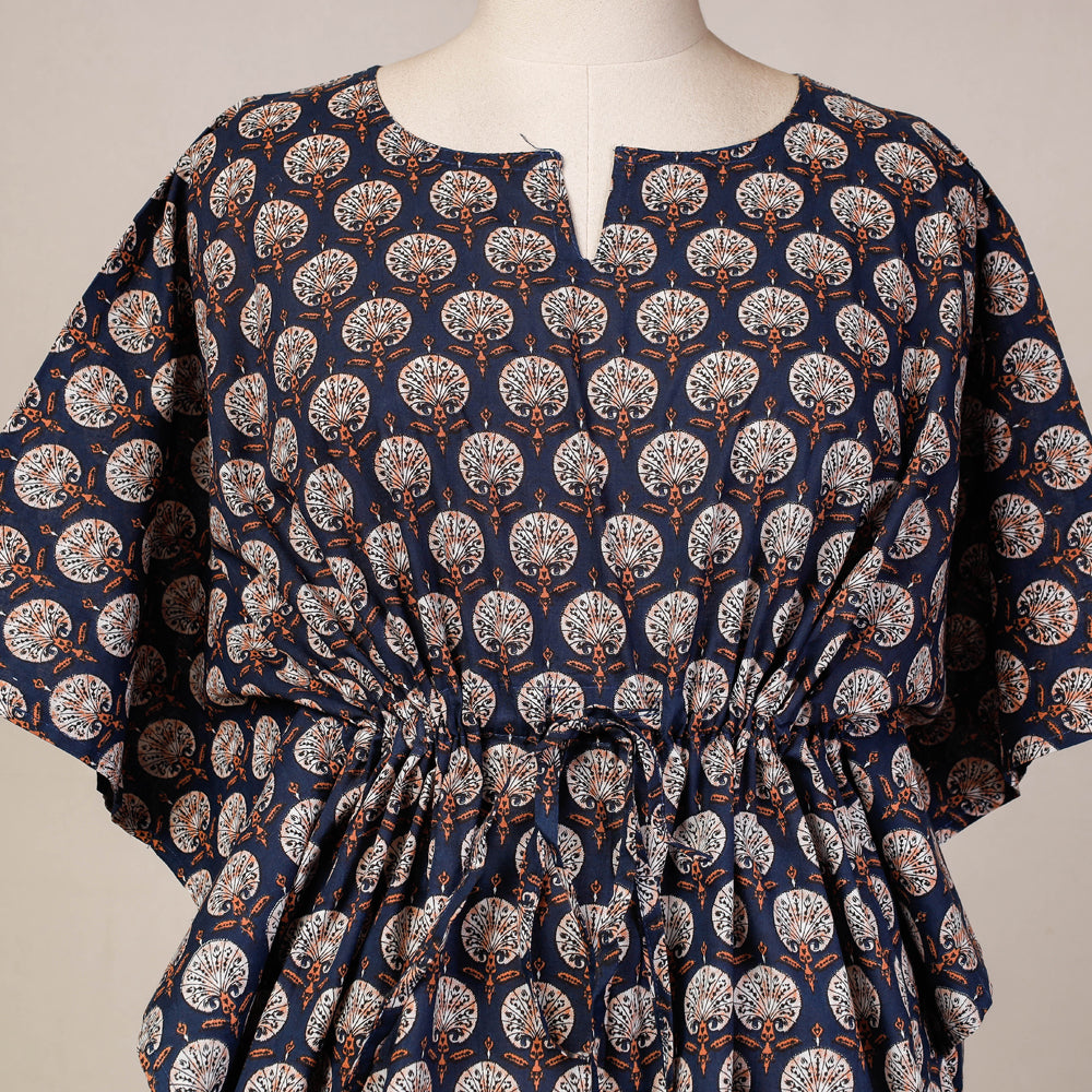 Black - Hand Block Printed Cotton Kaftan with Tie-Up Waist (Short)