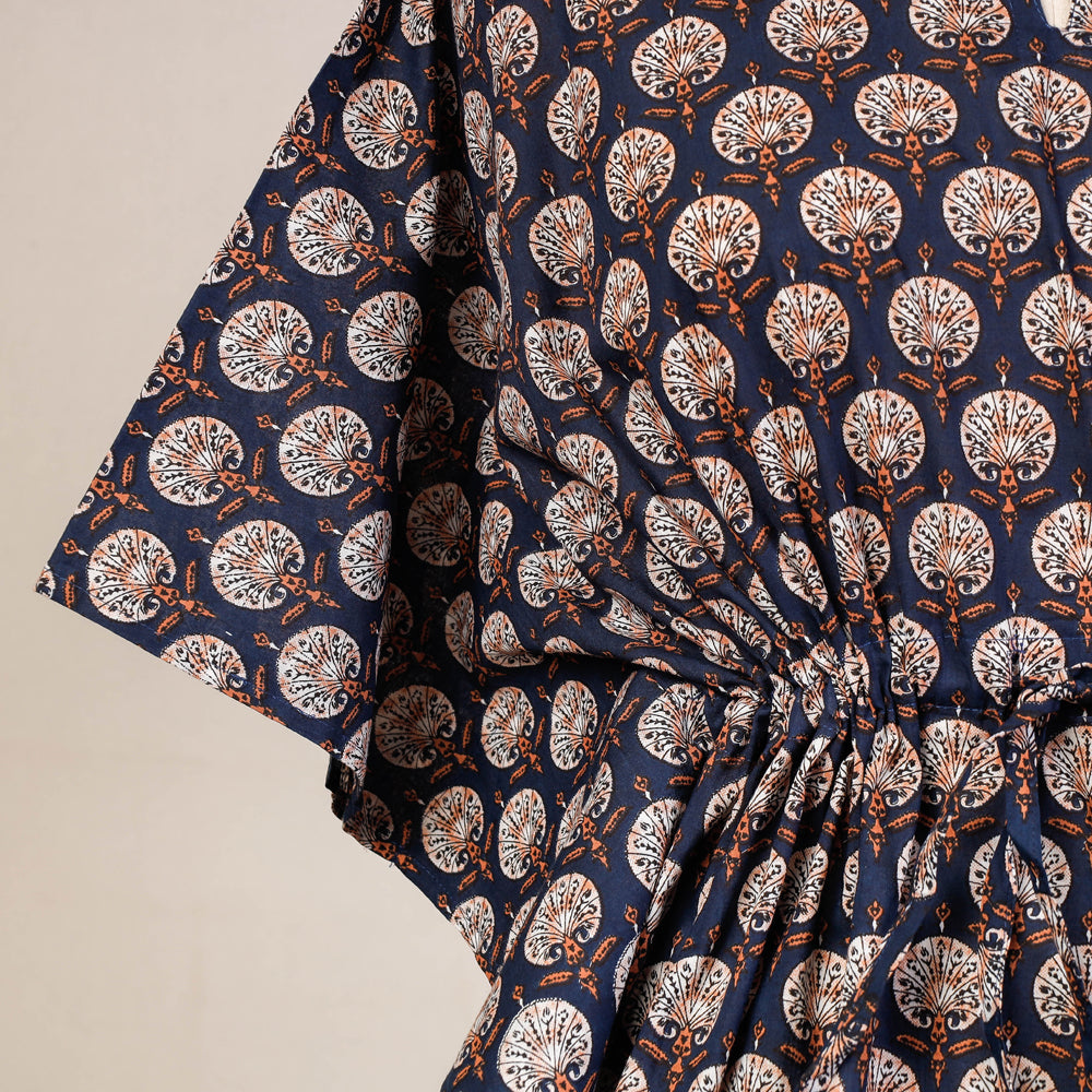 Black - Hand Block Printed Cotton Kaftan with Tie-Up Waist (Short)