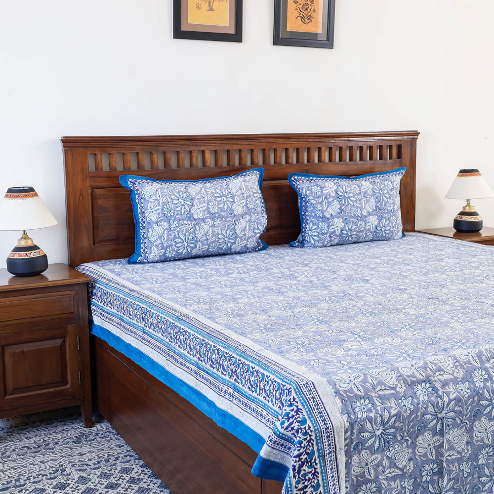 Blue - Block Print Cotton Double Sanganeri Bed Sheet