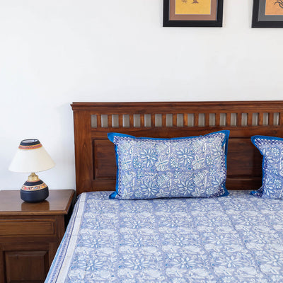 Blue - Block Print Cotton Double Sanganeri Bed Sheet