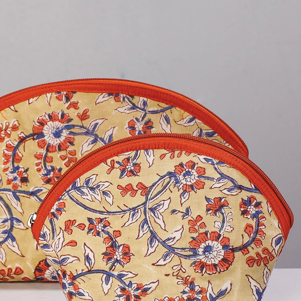 Beige - Sanganeri Block Printing Cotton Toiletry Bags (Set of 3)