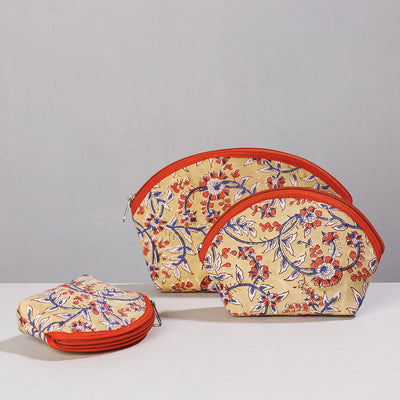 Beige - Sanganeri Block Printing Cotton Toiletry Bags (Set of 3)