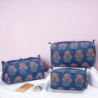Blue - Ajrakh Block Printed Cotton Toiletry Bags (Set of 3)