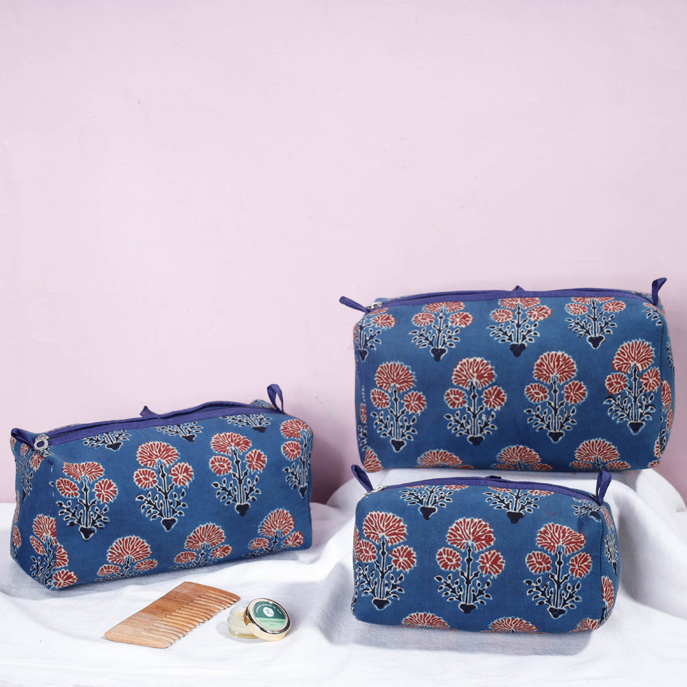 Blue - Ajrakh Block Printed Cotton Toiletry Bags (Set of 3)