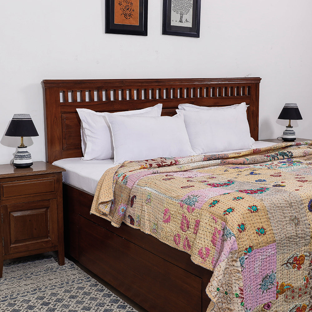 Beige - Khambadiya Patchwork Patola Silk Cotton Quilt / Gudri / Blanket