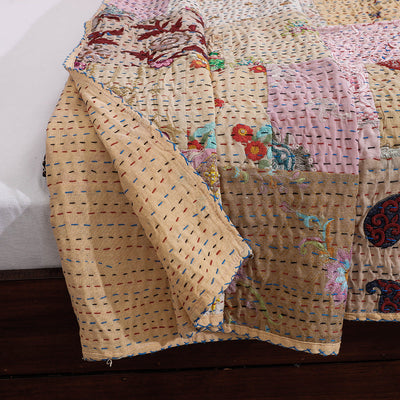Beige - Khambadiya Patchwork Patola Silk Cotton Quilt / Gudri / Blanket