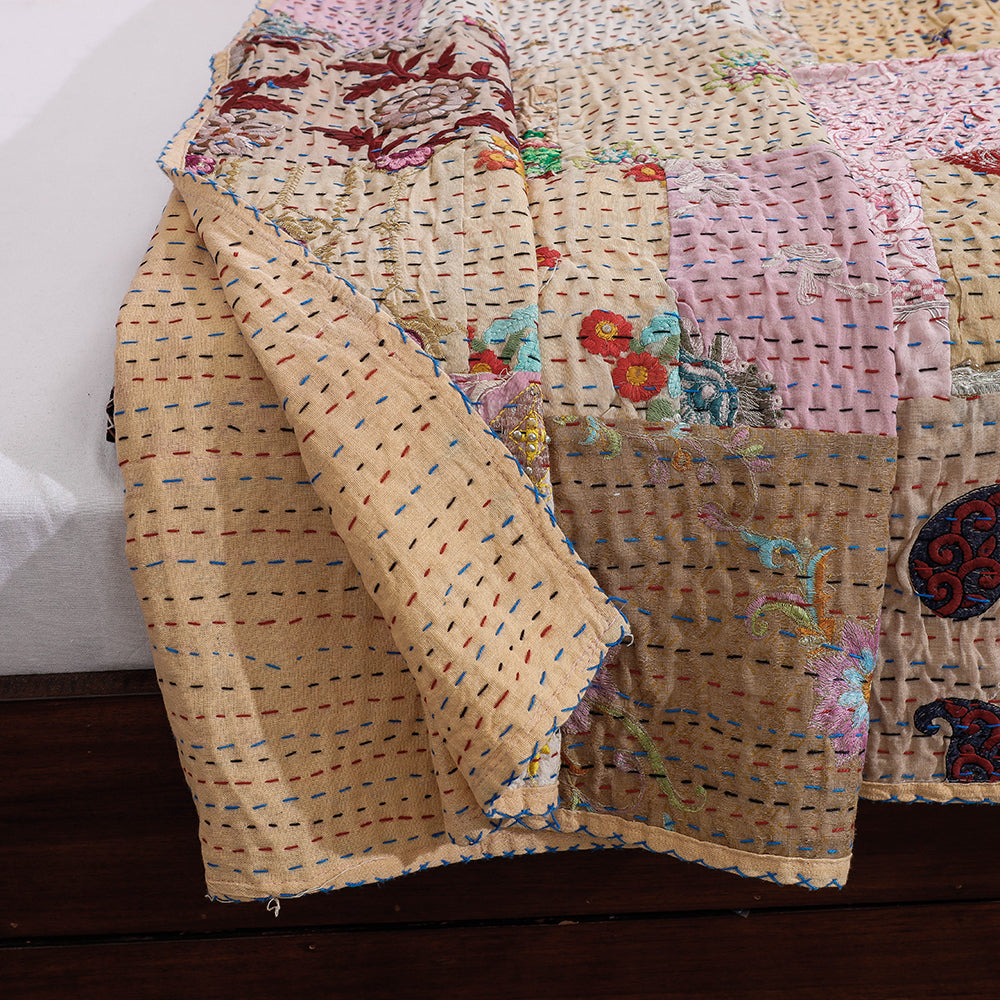 Beige - Khambadiya Patchwork Patola Silk Cotton Quilt / Gudri / Blanket