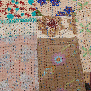 Beige - Khambadiya Patchwork Patola Silk Cotton Quilt / Gudri / Blanket
