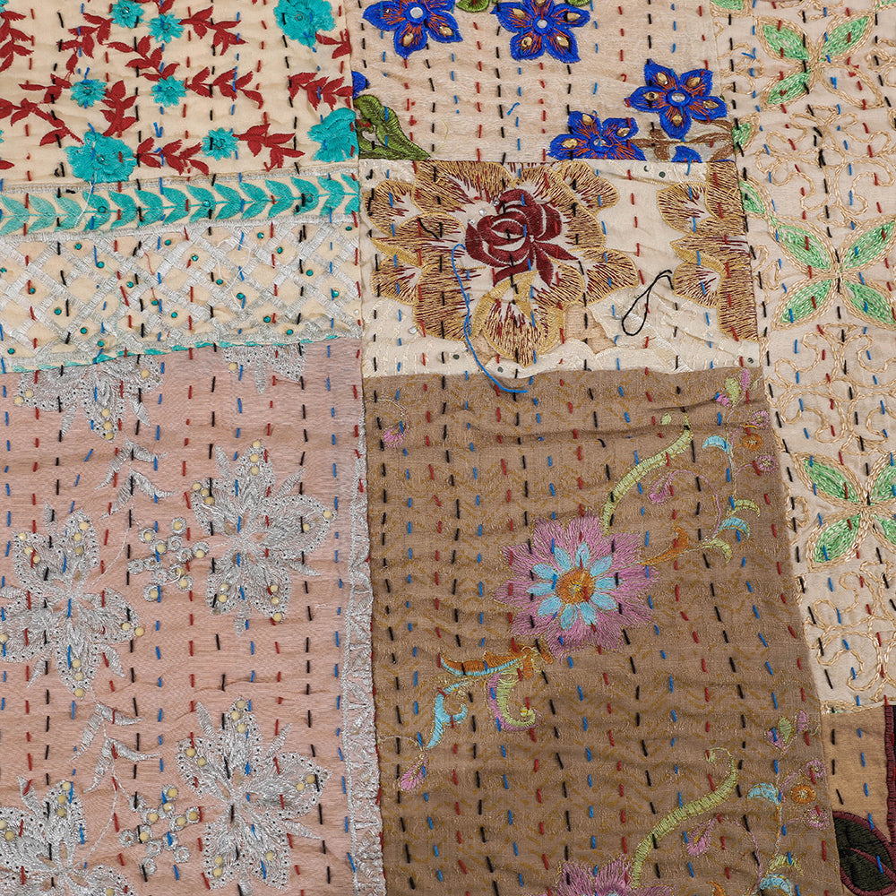 Beige - Khambadiya Patchwork Patola Silk Cotton Quilt / Gudri / Blanket