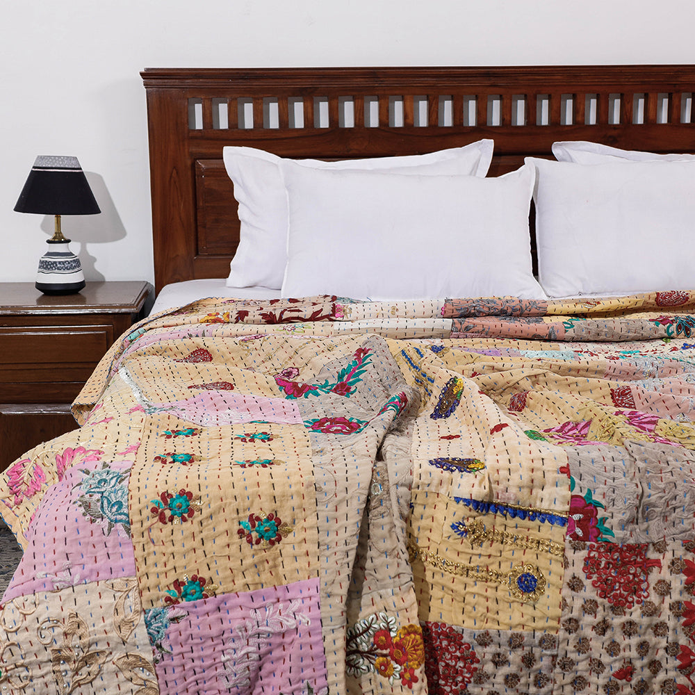 Beige - Khambadiya Patchwork Patola Silk Cotton Quilt / Gudri / Blanket