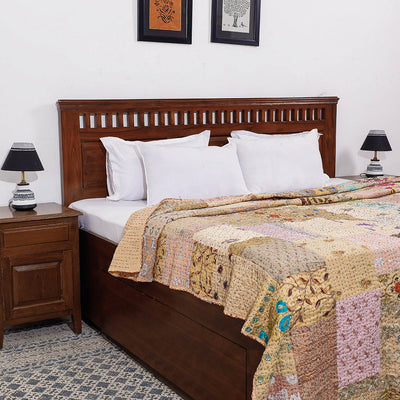 Beige - Khambadiya Patchwork Patola Silk Cotton Quilt / Gudri / Blanket