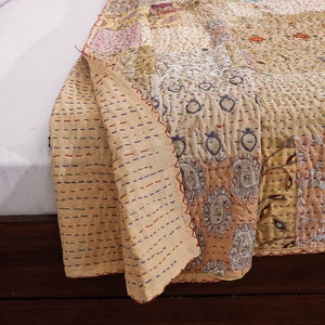 Beige - Khambadiya Patchwork Patola Silk Cotton Quilt / Gudri / Blanket