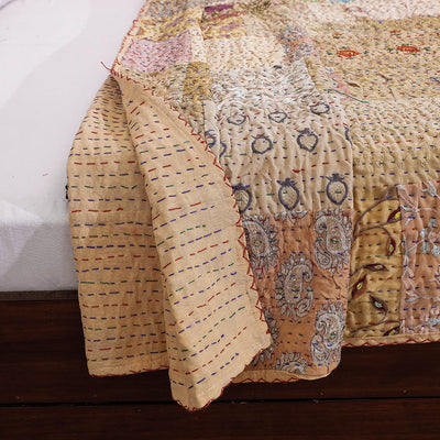 Beige - Khambadiya Patchwork Patola Silk Cotton Quilt / Gudri / Blanket