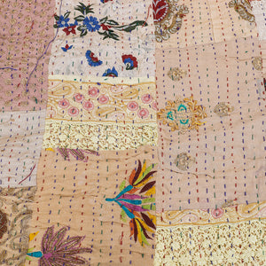 Beige - Khambadiya Patchwork Patola Silk Cotton Quilt / Gudri / Blanket