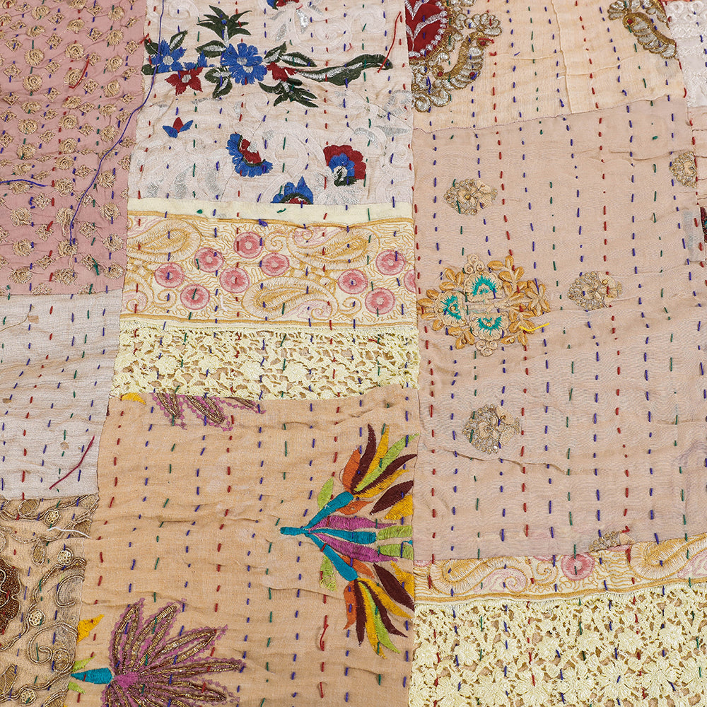 Beige - Khambadiya Patchwork Patola Silk Cotton Quilt / Gudri / Blanket