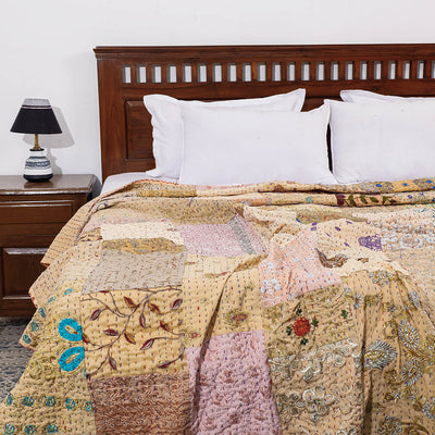 Beige - Khambadiya Patchwork Patola Silk Cotton Quilt / Gudri / Blanket