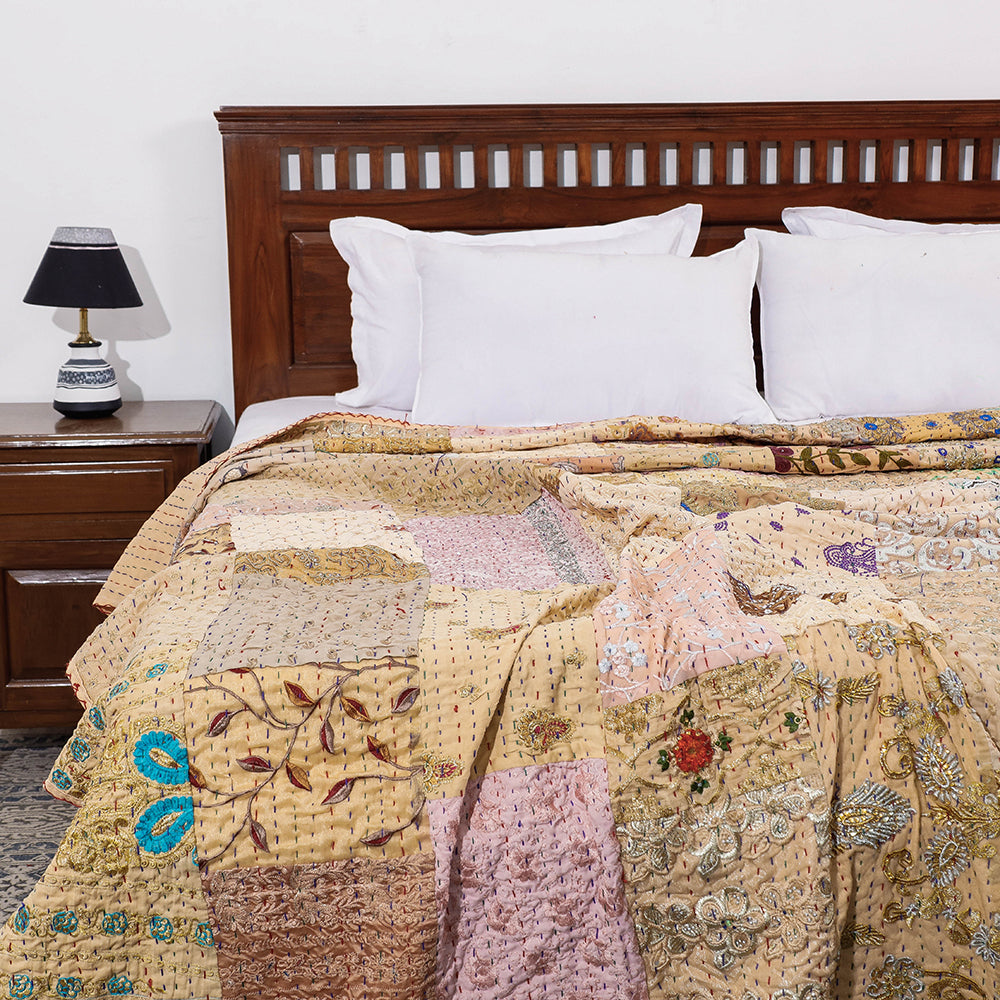 Beige - Khambadiya Patchwork Patola Silk Cotton Quilt / Gudri / Blanket