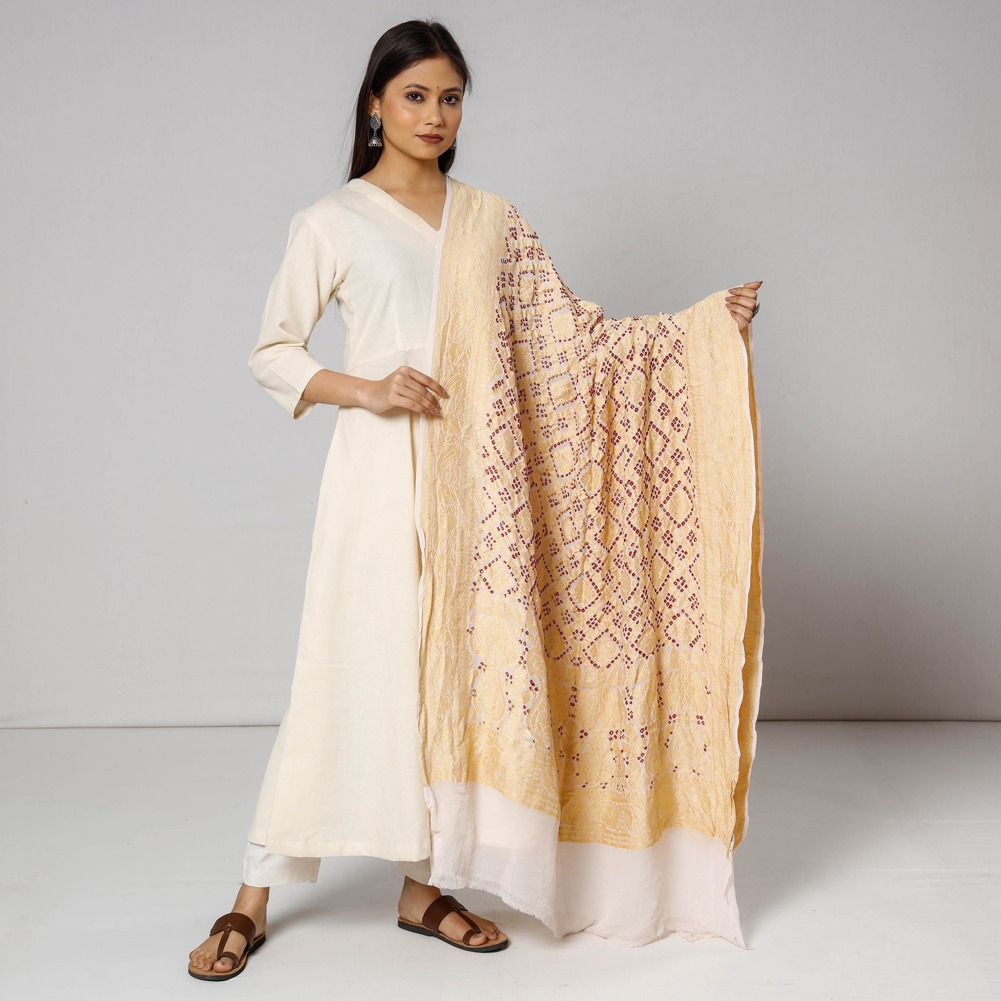 Beige - Traditional Kutch Neem Zari Jaal Work Bandhani Tie-Dye Georgette Banarasi Dupatta