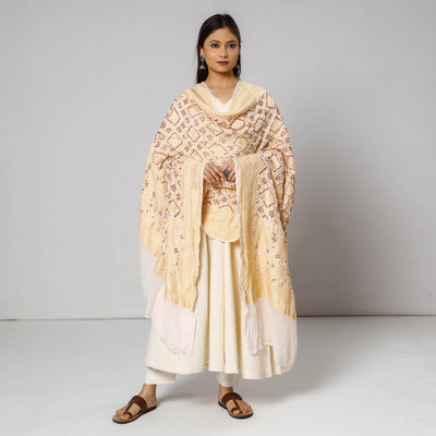 Beige - Traditional Kutch Neem Zari Jaal Work Bandhani Tie-Dye Georgette Banarasi Dupatta
