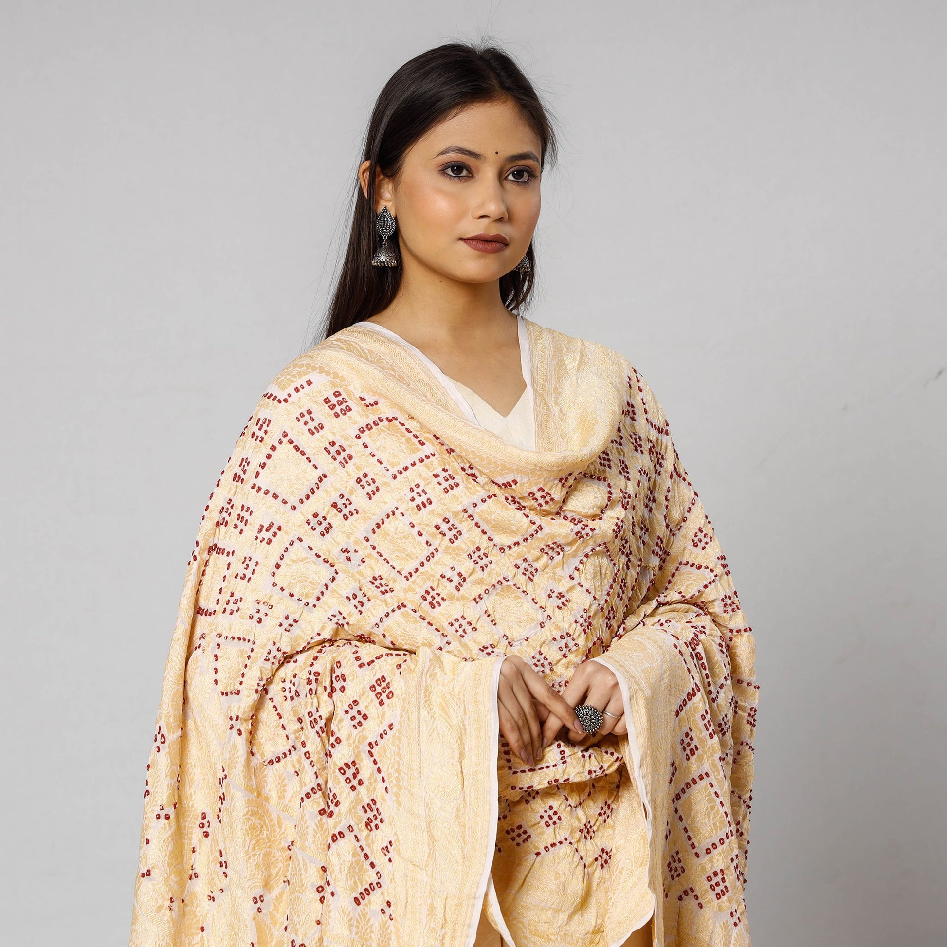 Beige - Traditional Kutch Neem Zari Jaal Work Bandhani Tie-Dye Georgette Banarasi Dupatta