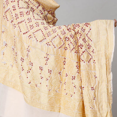Beige - Traditional Kutch Neem Zari Jaal Work Bandhani Tie-Dye Georgette Banarasi Dupatta
