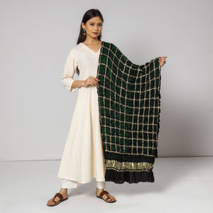 Black - Kutch Bandhani Tie-Dye Zari Checks Modal Silk Dupatta