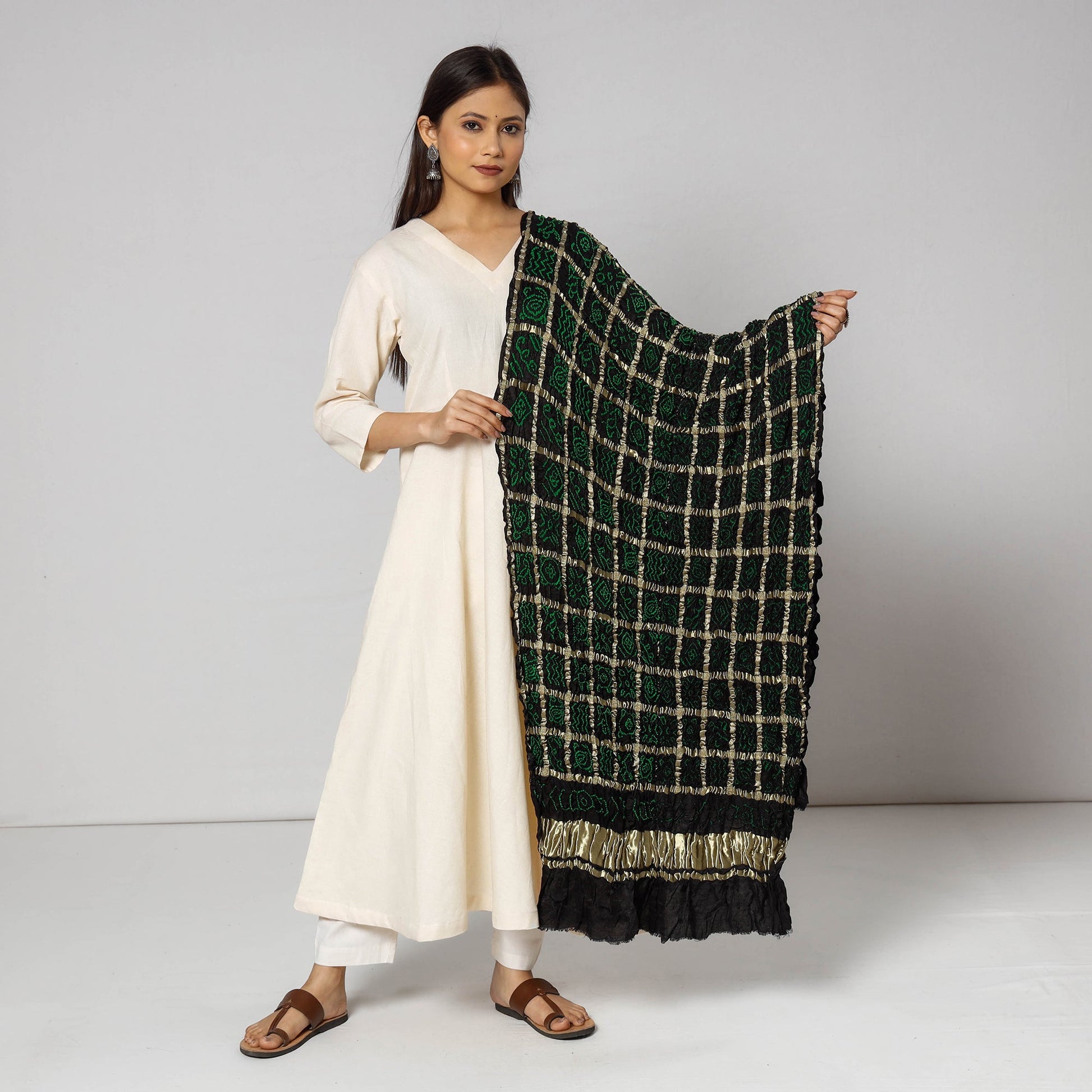 Black - Kutch Bandhani Tie-Dye Zari Checks Modal Silk Dupatta
