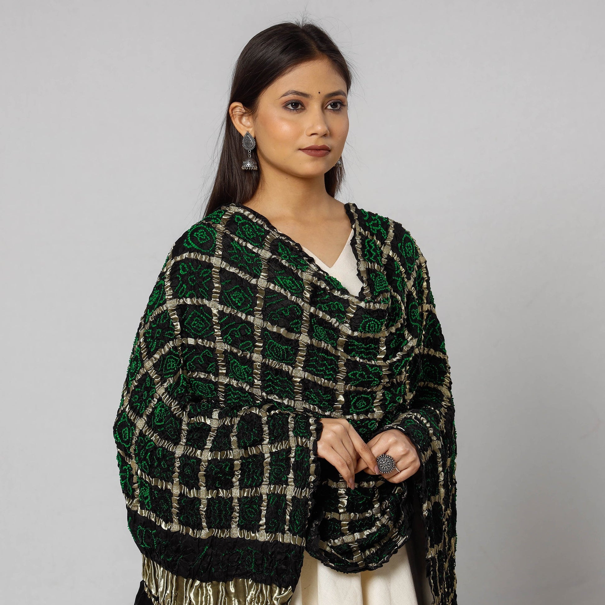 Black - Kutch Bandhani Tie-Dye Zari Checks Modal Silk Dupatta