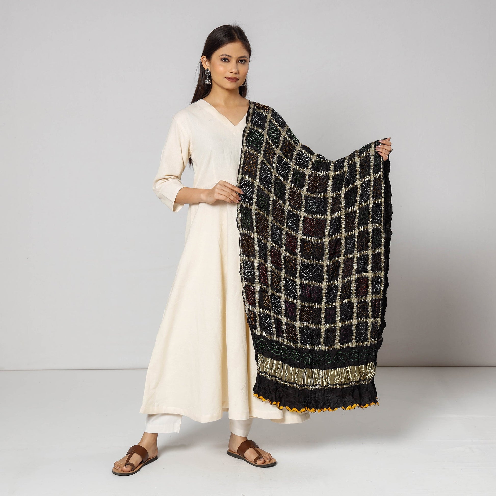 Black - Kutch Bandhani Tie-Dye Zari Checks Modal Silk Dupatta