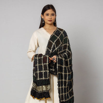 Black - Kutch Bandhani Tie-Dye Zari Checks Modal Silk Dupatta